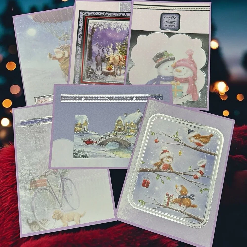 Handmade Christmas Cards with Envelopes Colorful Set of 6 Santa Birds Dog Purple